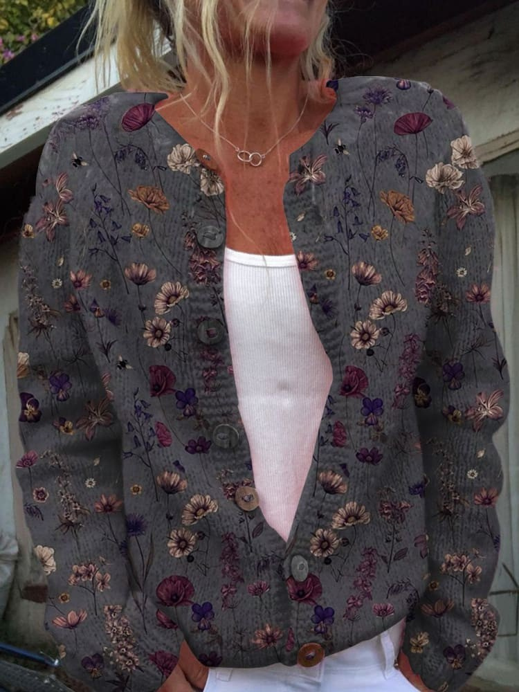 Martha | Floral Art Print Buttoned Cardigan Sweater