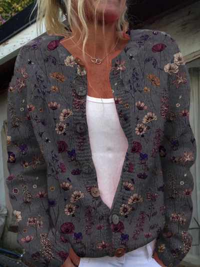 Martha | Floral Art Print Buttoned Cardigan Sweater