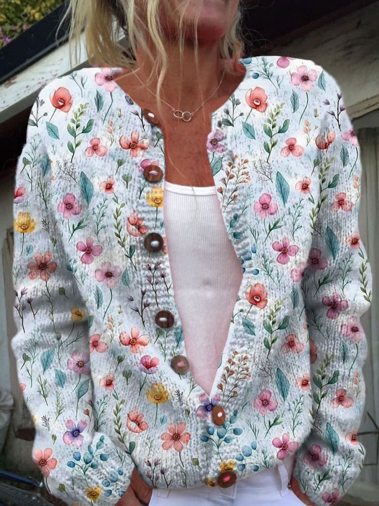 Bella | Vintage Flower Art Print Buttoned Cardigan Sweater