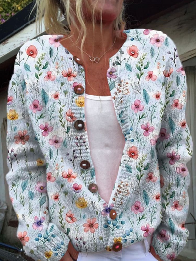 Bella | Vintage Flower Art Print Buttoned Cardigan Sweater