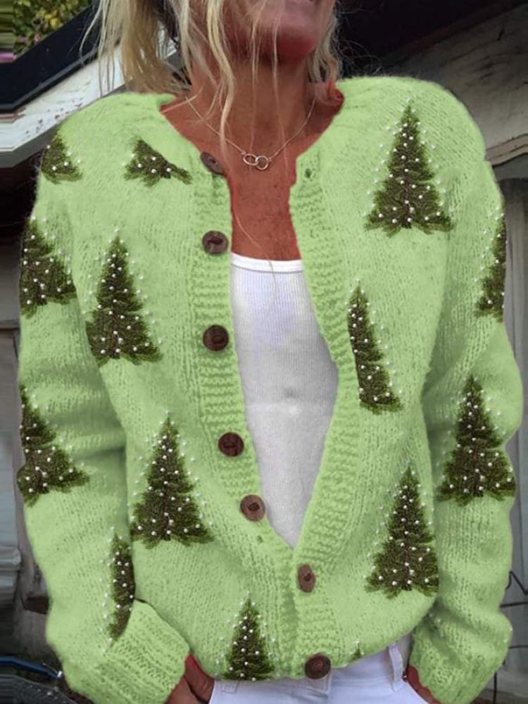 Pam | Women's Lovely Christmas Tree Art Print Buttoned Cardigan Sweater