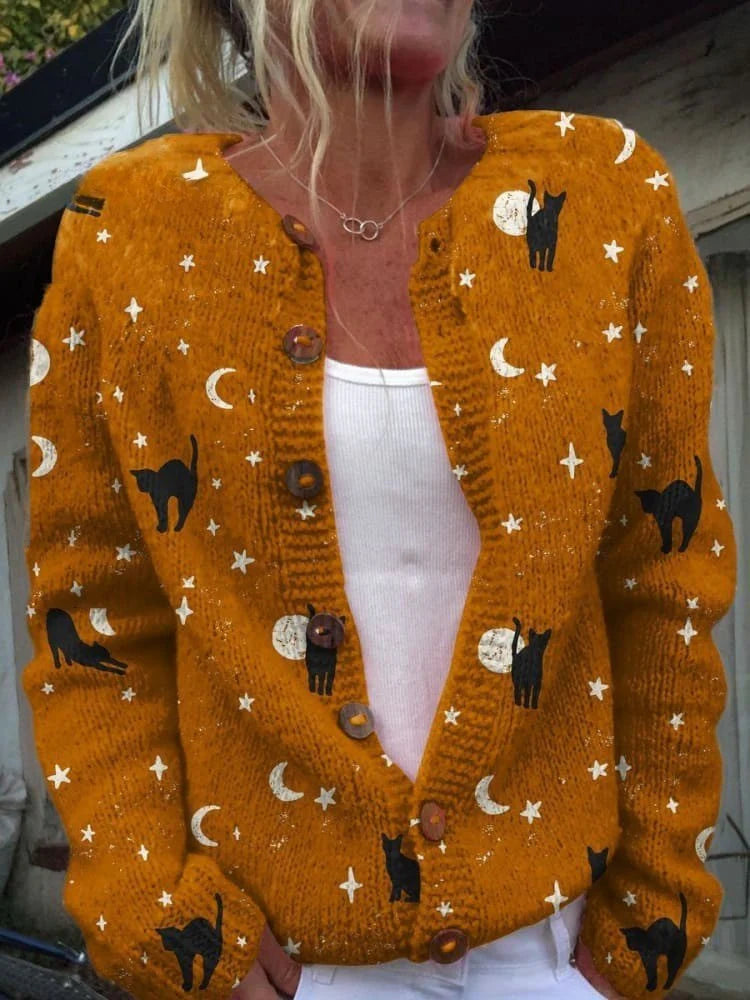 Holly | Halloween Black Cat Art Print Buttoned Cardigan Sweater