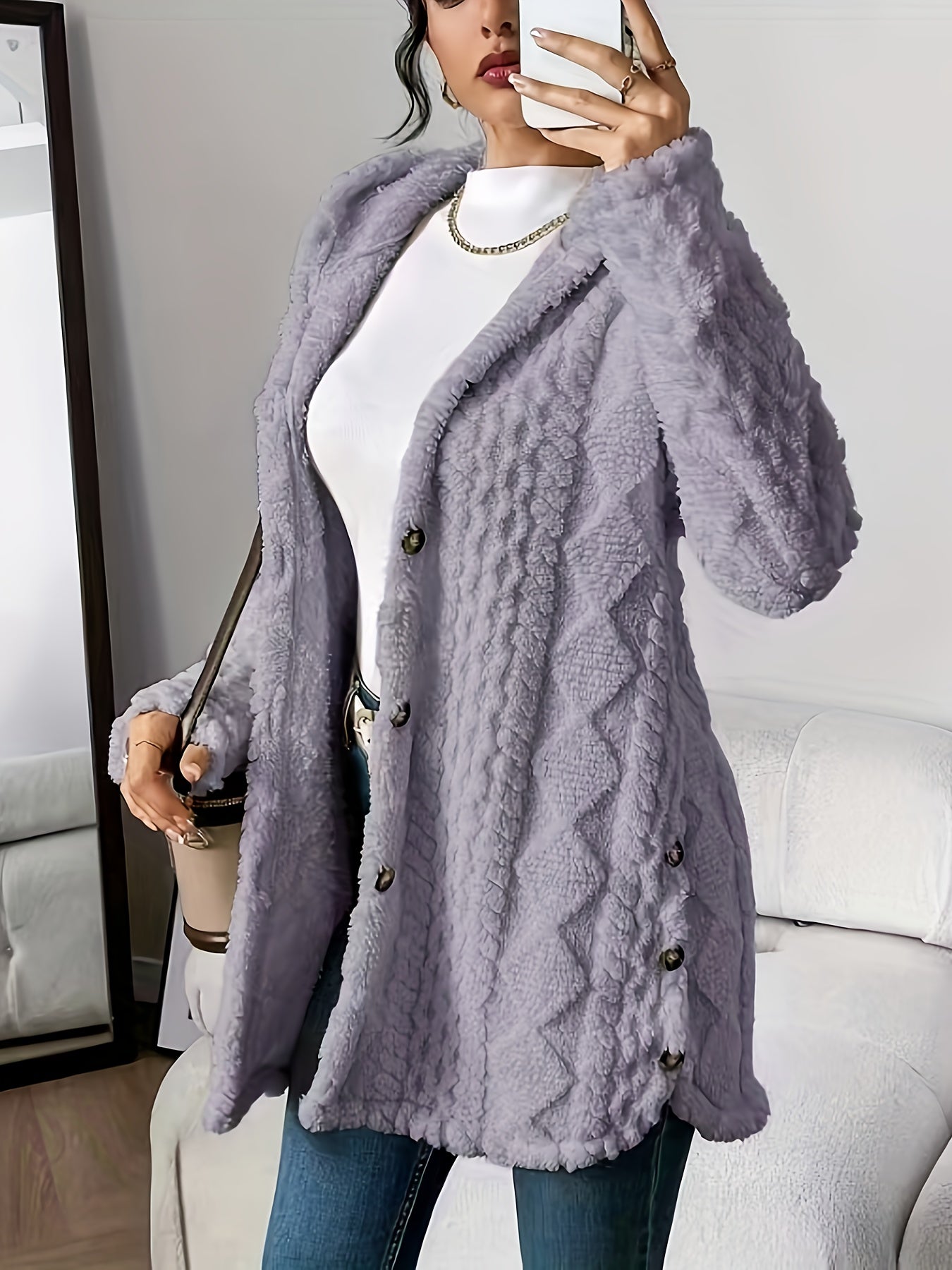 Paula - Plush Diamond-Patterned Hooded Cardigan
