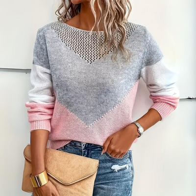 Tina - Pointelle Jumper with V-Shape Contrast Panels