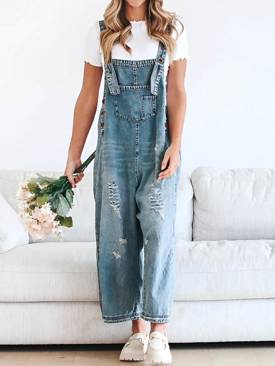 Thessaly | Distressed Denim Overalls