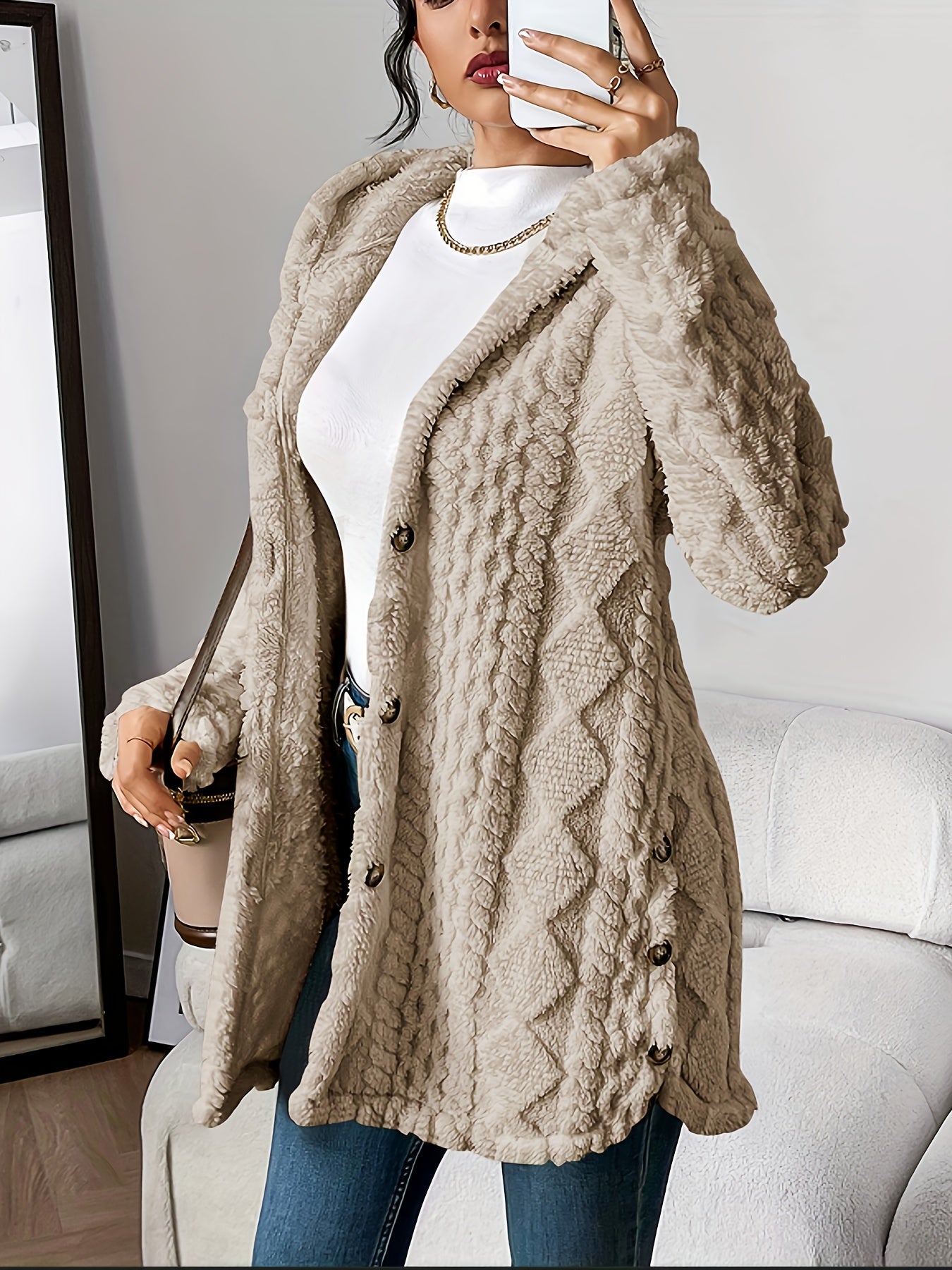 Paula - Plush Diamond-Patterned Hooded Cardigan