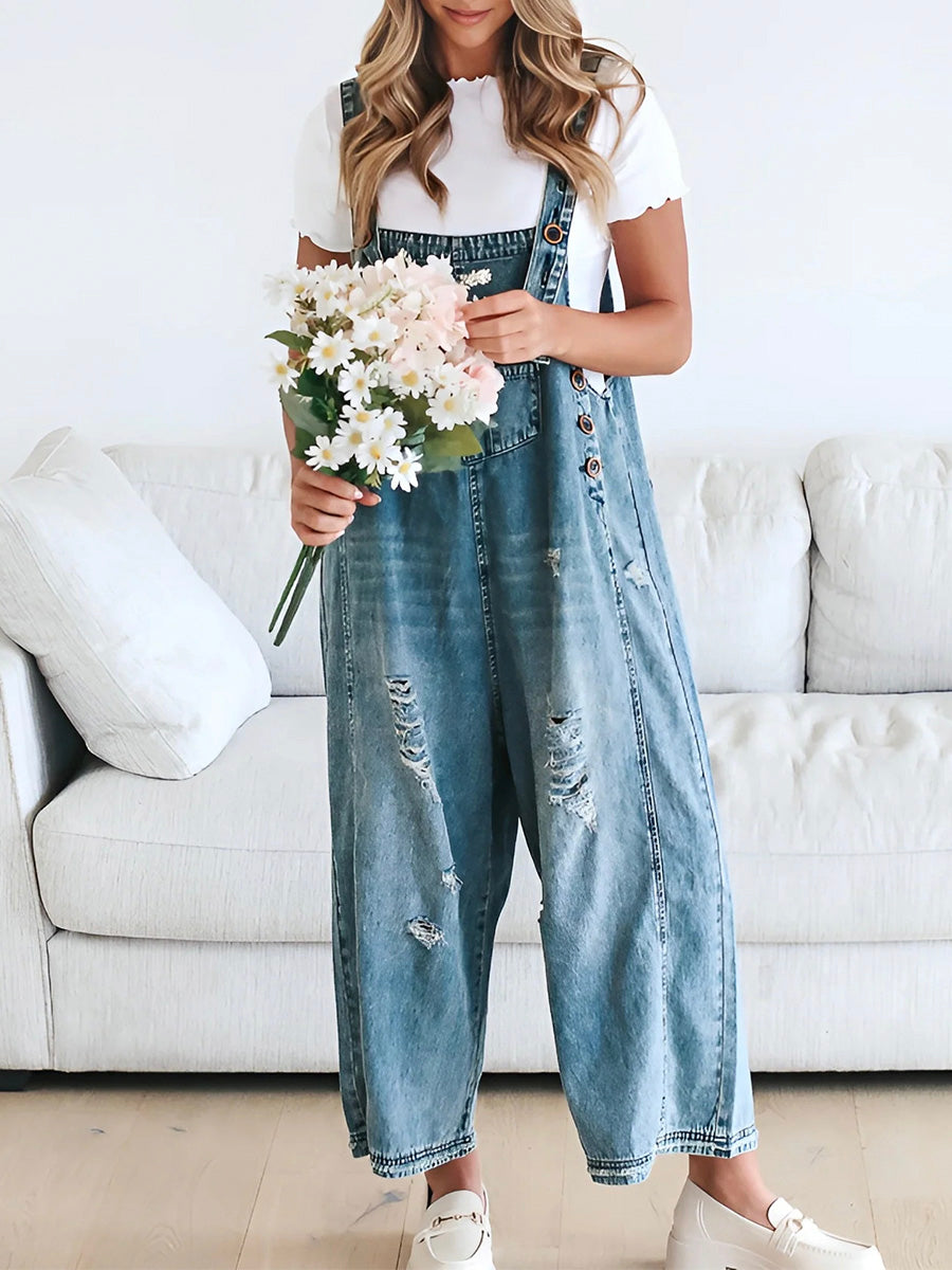 Thessaly | Distressed Denim Overalls