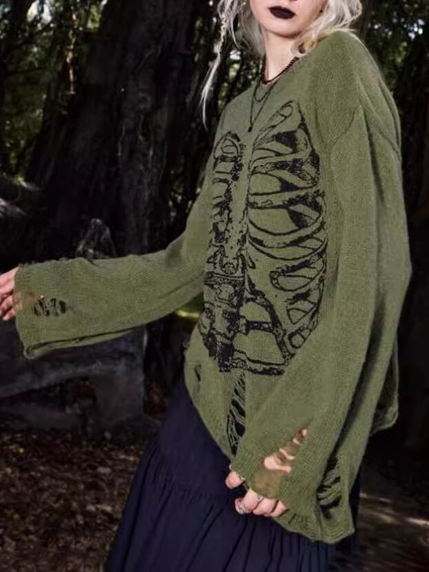 Hollie - Halloween Skeleton Dark Style Ripped Long Sleeve Sweater
