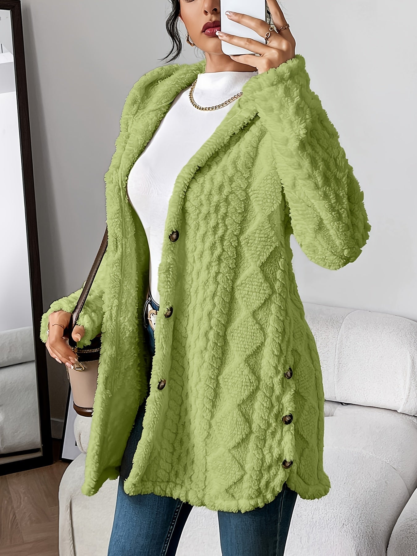 Paula - Plush Diamond-Patterned Hooded Cardigan
