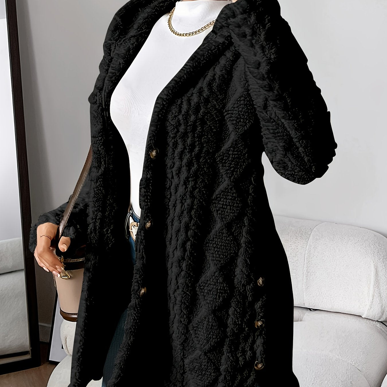 Paula - Plush Diamond-Patterned Hooded Cardigan