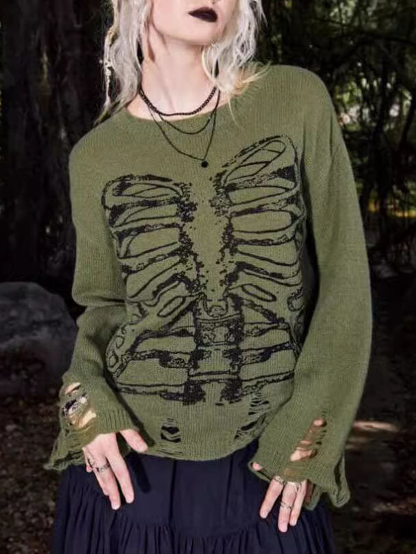 Hollie - Halloween Skeleton Dark Style Ripped Long Sleeve Sweater