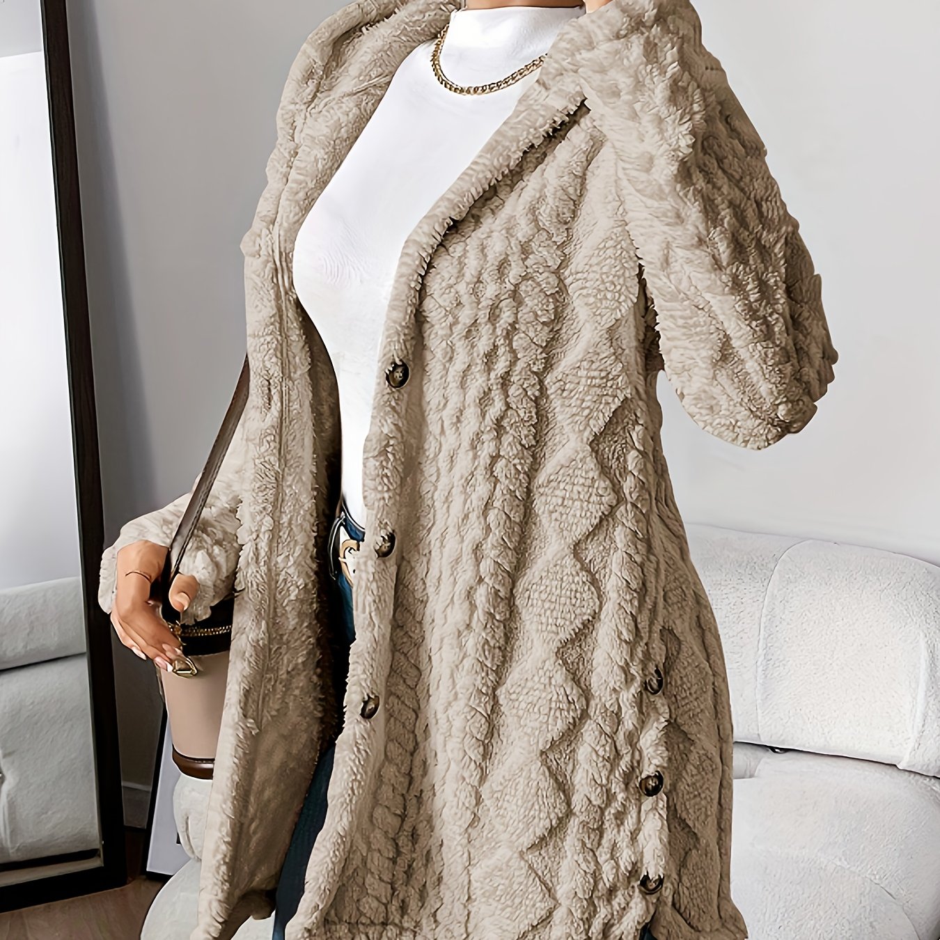 Paula - Plush Diamond-Patterned Hooded Cardigan