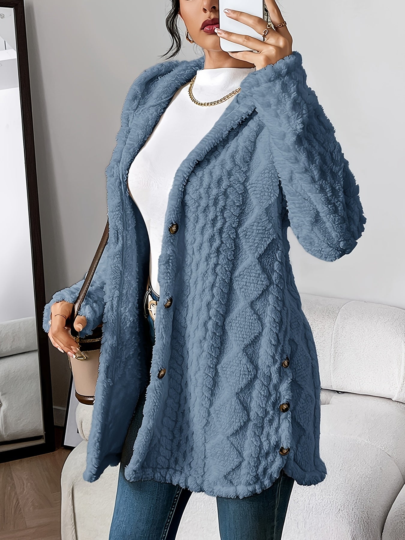 Paula - Plush Diamond-Patterned Hooded Cardigan
