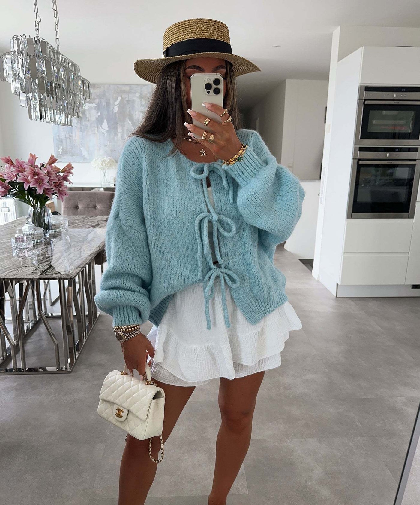Lexi - Solid Color Crew Neck Lace-Up Cardigan