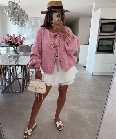 Lexi - Solid Color Crew Neck Lace-Up Cardigan