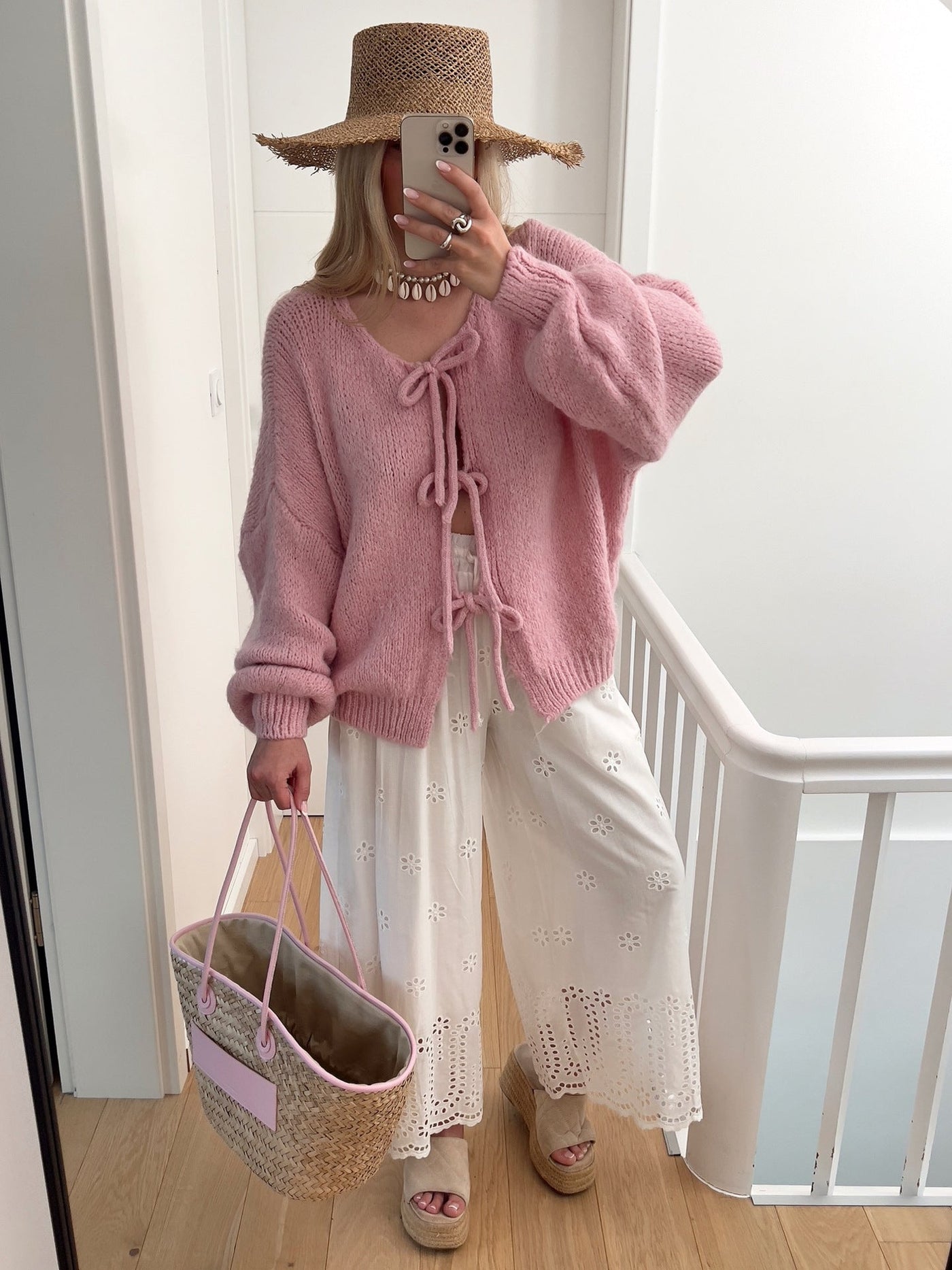 Lexi - Solid Color Crew Neck Lace-Up Cardigan