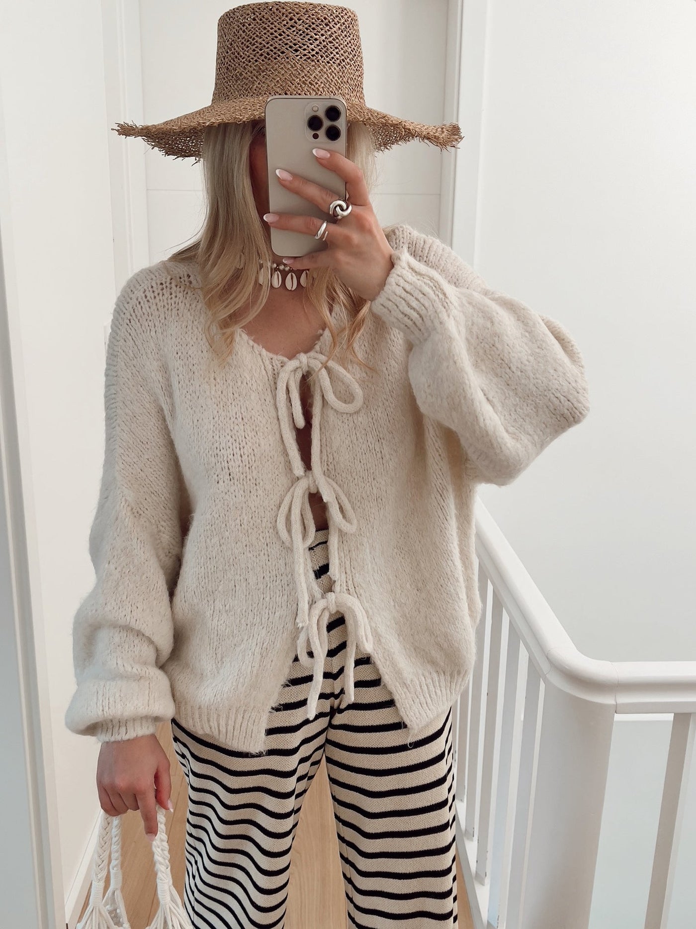 Lexi - Solid Color Crew Neck Lace-Up Cardigan