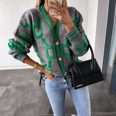 Viola - V-Neck Casual Color Contrast Knit Cardigan