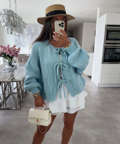 Lexi - Solid Color Crew Neck Lace-Up Cardigan