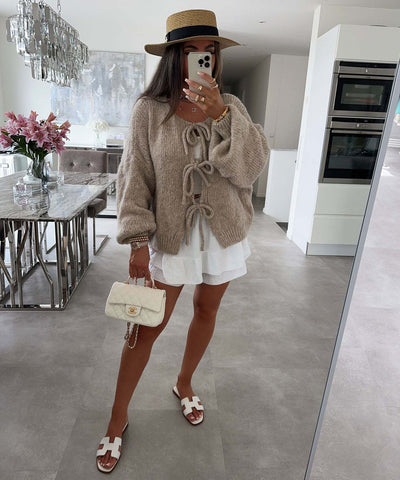 Lexi - Solid Color Crew Neck Lace-Up Cardigan