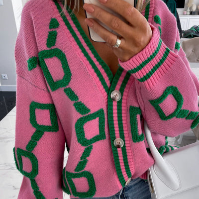 Viola - V-Neck Casual Color Contrast Knit Cardigan