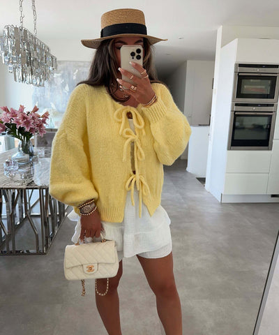 Lexi - Solid Color Crew Neck Lace-Up Cardigan