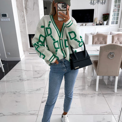 Viola - V-Neck Casual Color Contrast Knit Cardigan