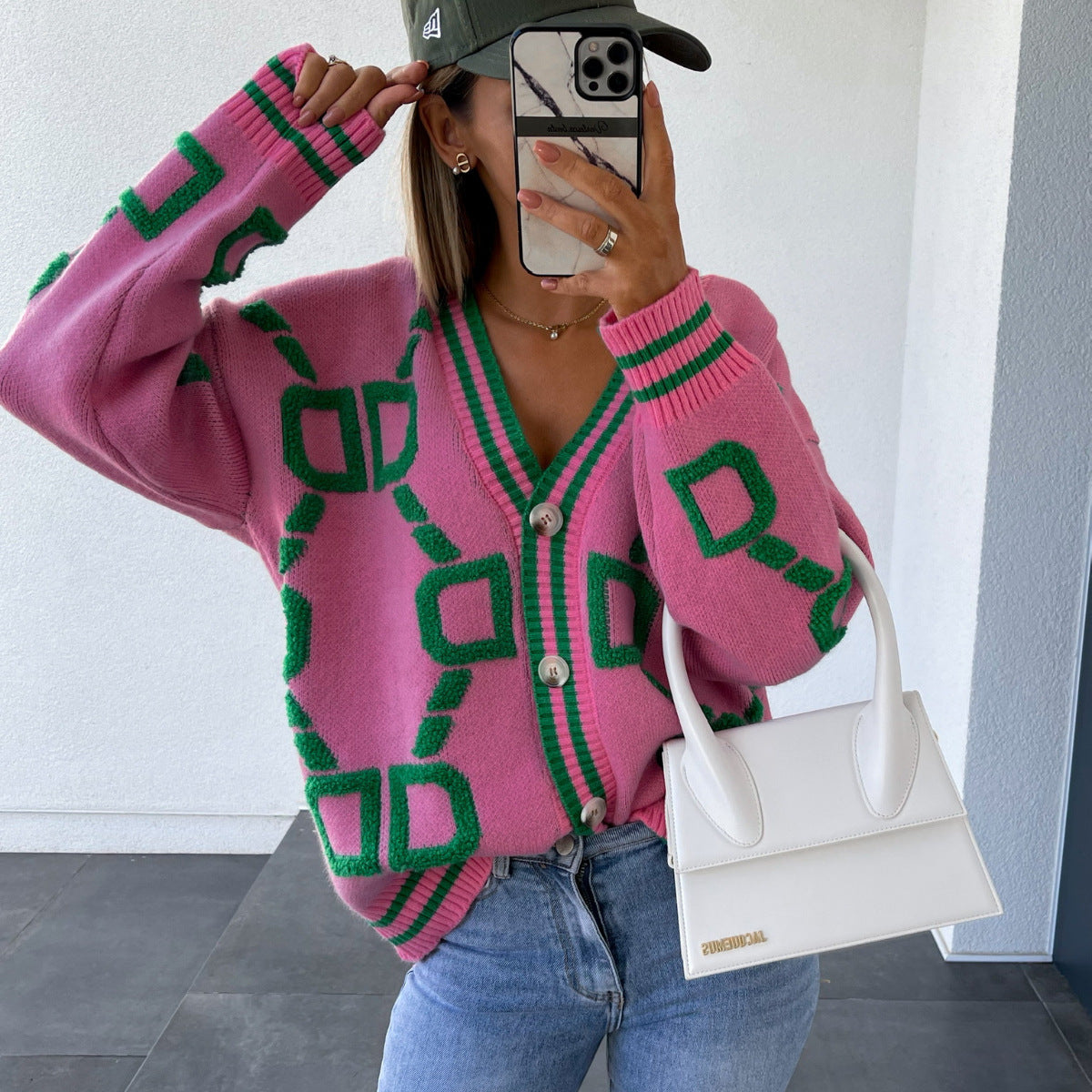 Viola - V-Neck Casual Color Contrast Knit Cardigan