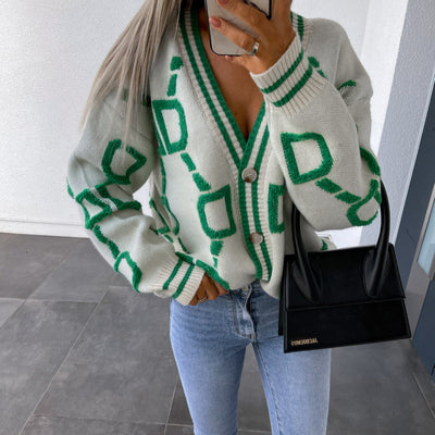 Viola - V-Neck Casual Color Contrast Knit Cardigan
