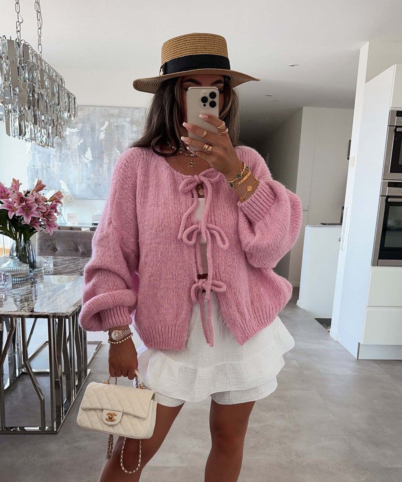Lexi - Solid Color Crew Neck Lace-Up Cardigan