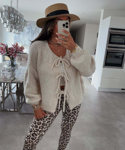Lexi - Solid Color Crew Neck Lace-Up Cardigan