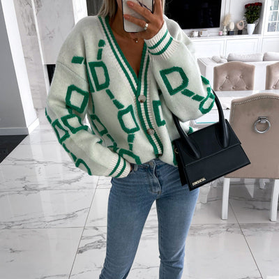 Viola - V-Neck Casual Color Contrast Knit Cardigan