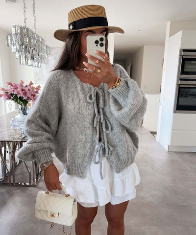 Lexi - Solid Color Crew Neck Lace-Up Cardigan