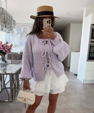 Lexi - Solid Color Crew Neck Lace-Up Cardigan
