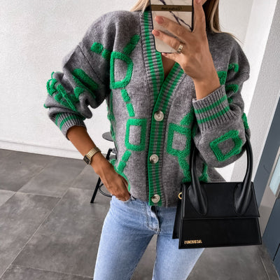 Viola - V-Neck Casual Color Contrast Knit Cardigan