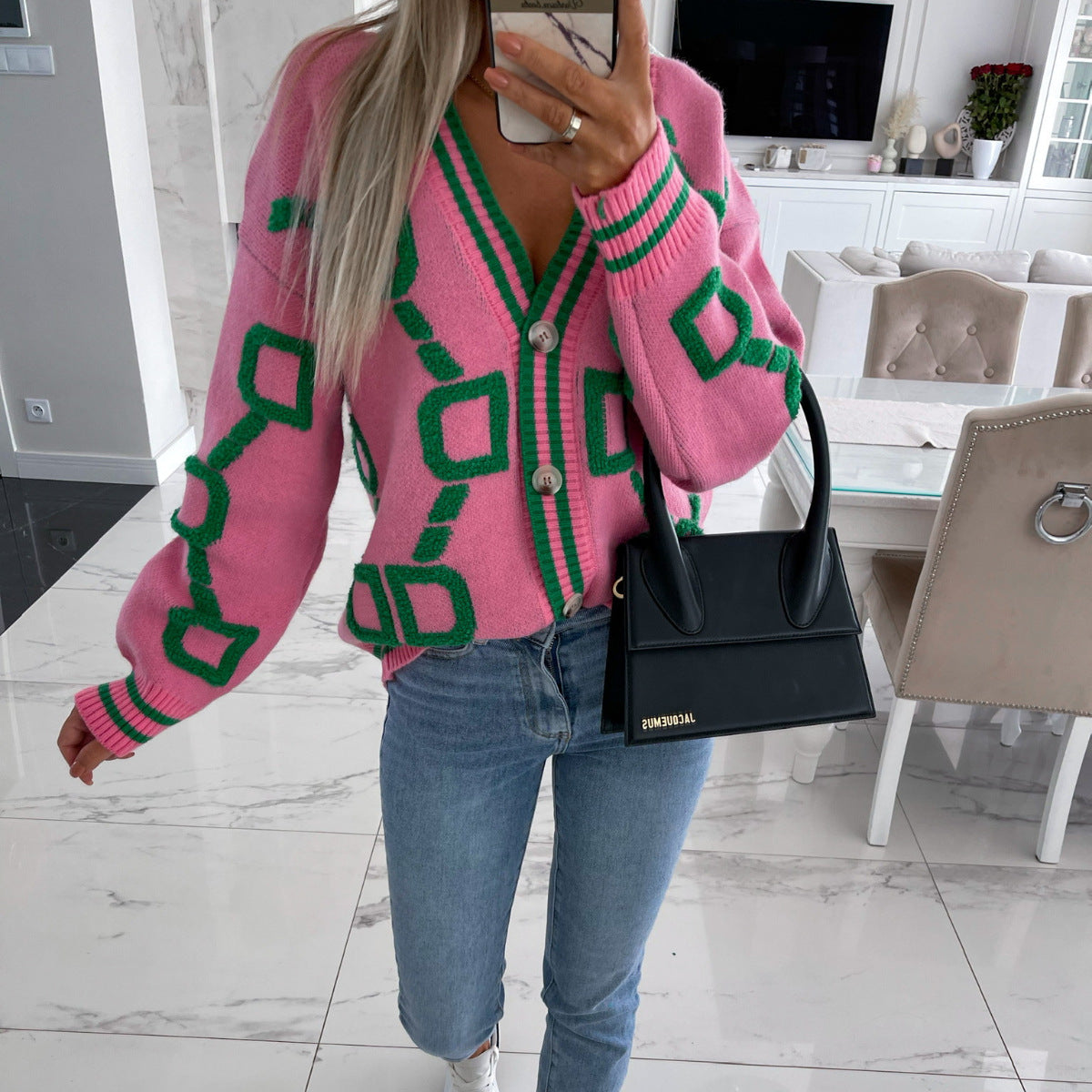 Viola - V-Neck Casual Color Contrast Knit Cardigan