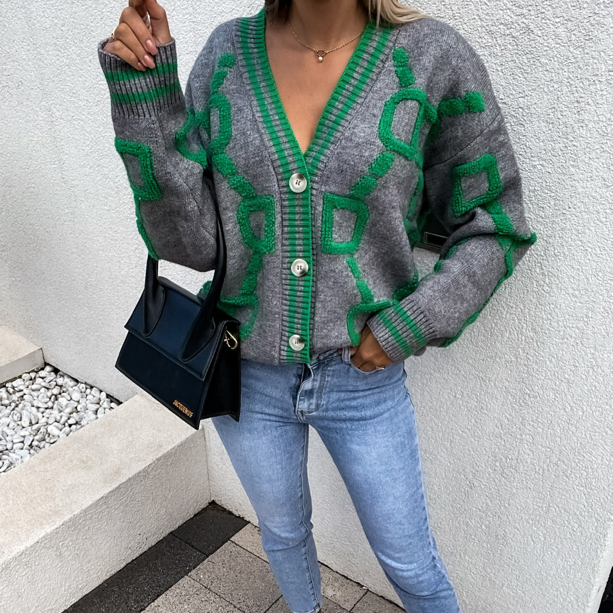 Viola - V-Neck Casual Color Contrast Knit Cardigan