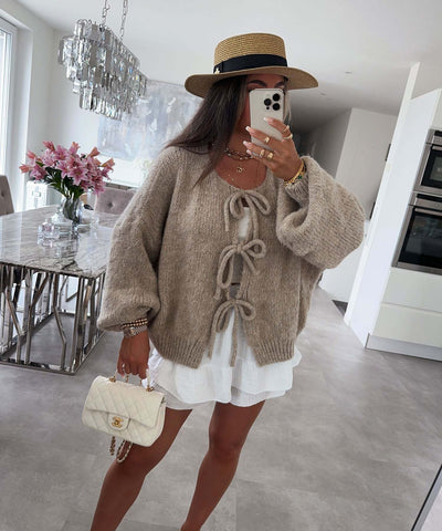 Lexi - Solid Color Crew Neck Lace-Up Cardigan