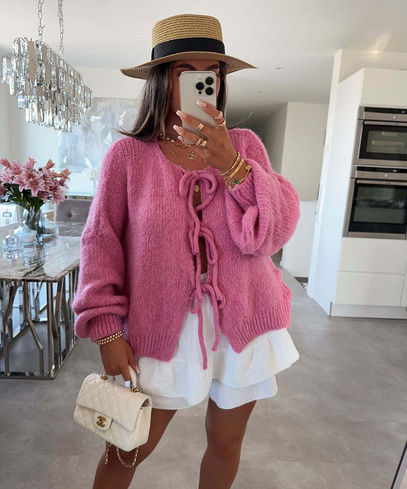 Lexi - Solid Color Crew Neck Lace-Up Cardigan