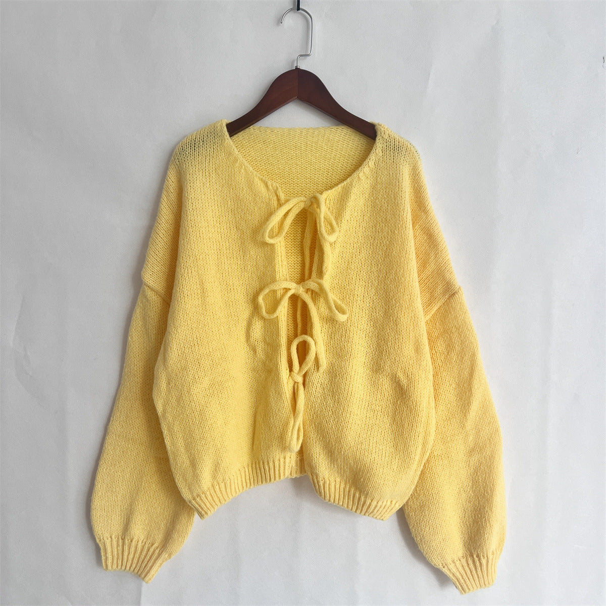 Lexi - Solid Color Crew Neck Lace-Up Cardigan