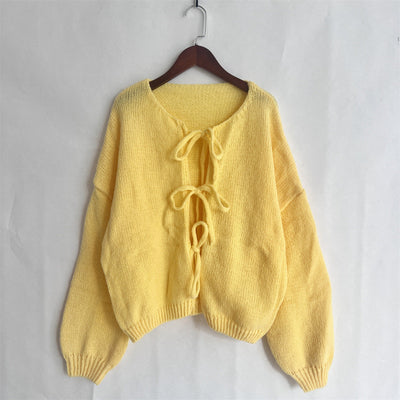 Lexi - Solid Color Crew Neck Lace-Up Cardigan