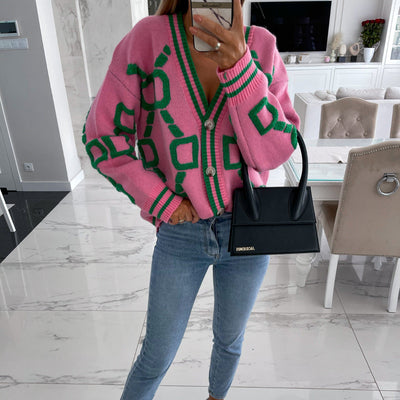 Viola - V-Neck Casual Color Contrast Knit Cardigan