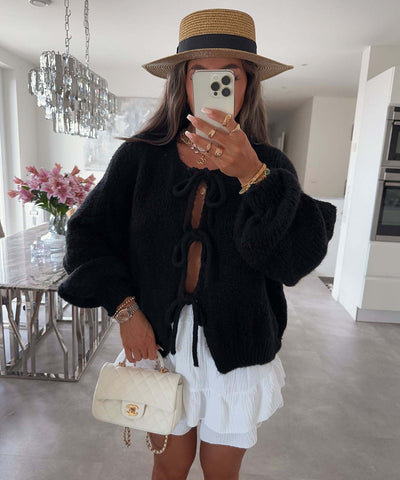 Lexi - Solid Color Crew Neck Lace-Up Cardigan