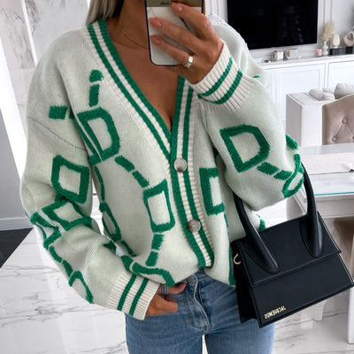 Viola - V-Neck Casual Color Contrast Knit Cardigan
