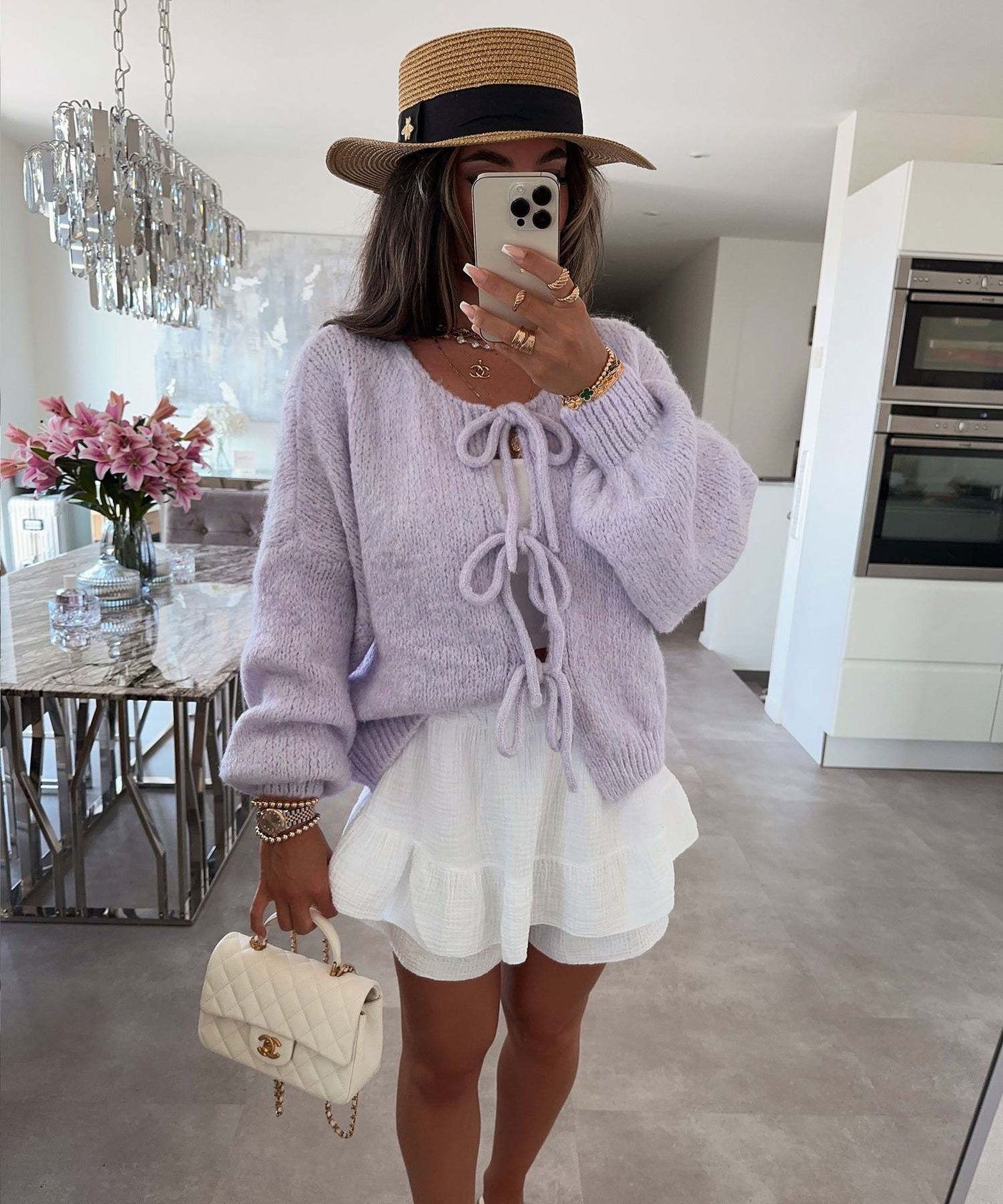 Lexi - Solid Color Crew Neck Lace-Up Cardigan
