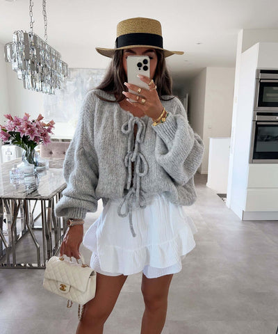 Lexi - Solid Color Crew Neck Lace-Up Cardigan