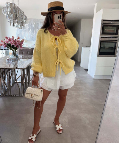 Lexi - Solid Color Crew Neck Lace-Up Cardigan