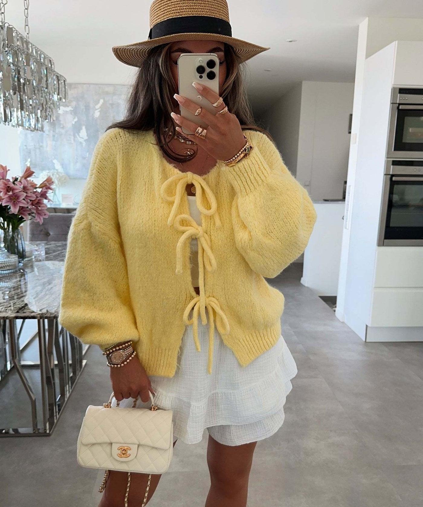 Lexi - Solid Color Crew Neck Lace-Up Cardigan