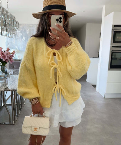 Lexi - Solid Color Crew Neck Lace-Up Cardigan