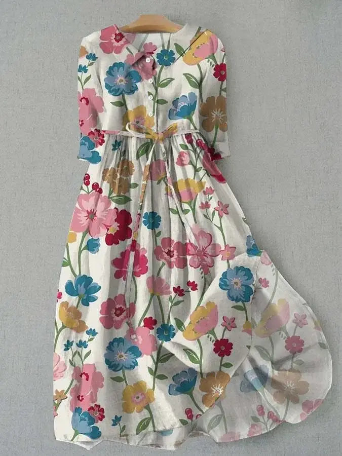 Elizabeth - Button-Up Waist Tie Floral Dress